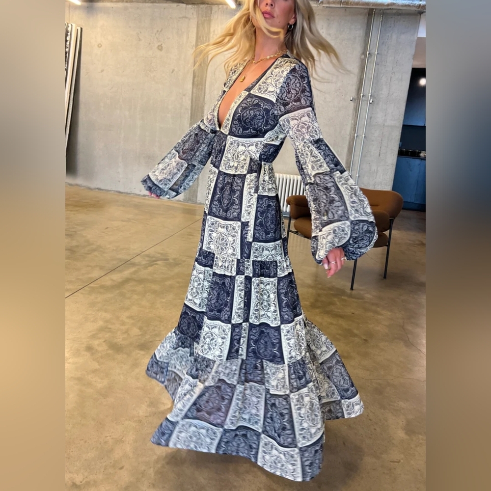 Never Fully Dressed Navy and White Patchwork Maxi Dress